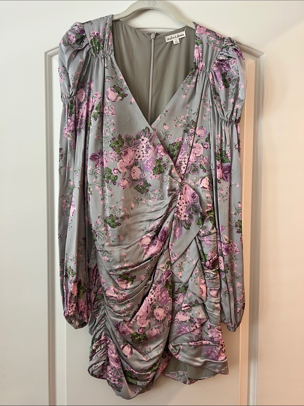 For Love & Lemons Silver Floral Ruched Satin Mini Dress with Pink Accents